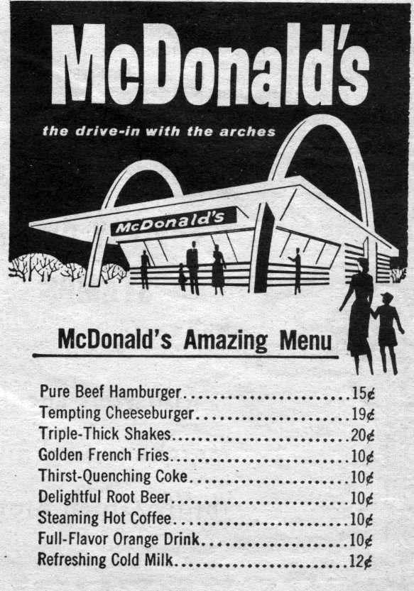 "McDonald's Amazing Menu": "pure beef hamburger, tempting cheeseburger, triple-thick shakes, golden french fries, thirst-quenching Coke, delightful root beer, steaming hot coffee, full-flavor orange drink, and refreshing cold milk"