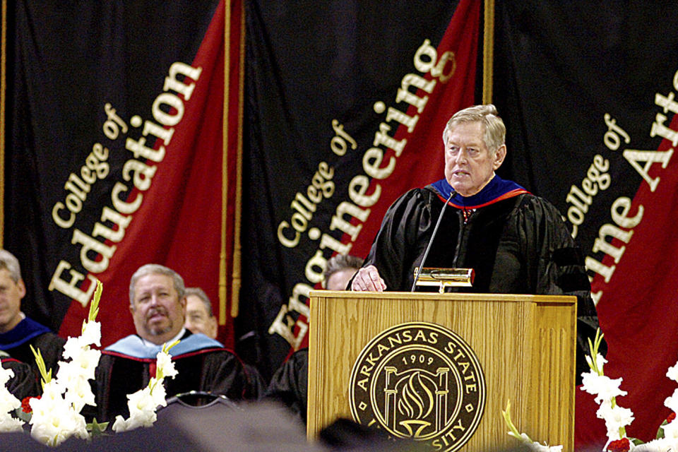 FILE - In this Saturday, May 8, 2010 photo, U.S. Rep. Marion Berry addresses Arkansas State University faculty, staff, students and guests gathered for the Spring Commencement Ceremony in the ASU Convocation Center at Jonesboro, Ark. Berry, who was known for blunt rhetoric and his advocacy work for farmers and elderly residents in eastern Arkansas, has died. Berry's son, Mitch, in a statement Saturday, May 20, 2023 announced his father's death.(Saundra Sovick/The Jonesboro Sun via AP)