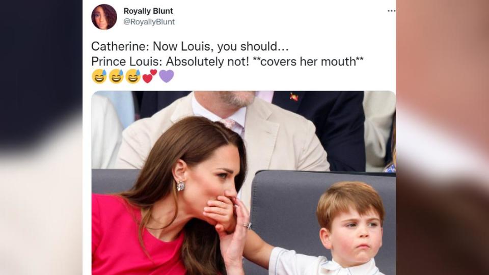 路易王子摀住凱特的嘴巴，彷彿在要她「別說了」。（圖／翻攝自推特）