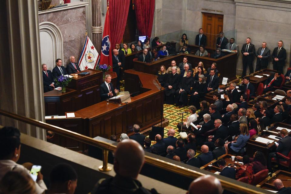 Gov. Bill Lee delivers his State of the State address to the Tennessee General Assembly in the House chamber of the Capitol in Nashville, Tenn., Monday, Feb. 5, 2024.