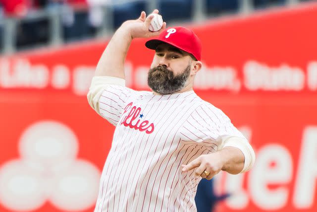 <p>Ouzounova / SplashNews.com</p> Kelce threw the first pitch at the Philadelphia Phillies vs. Atlanta Braves game on Saturday