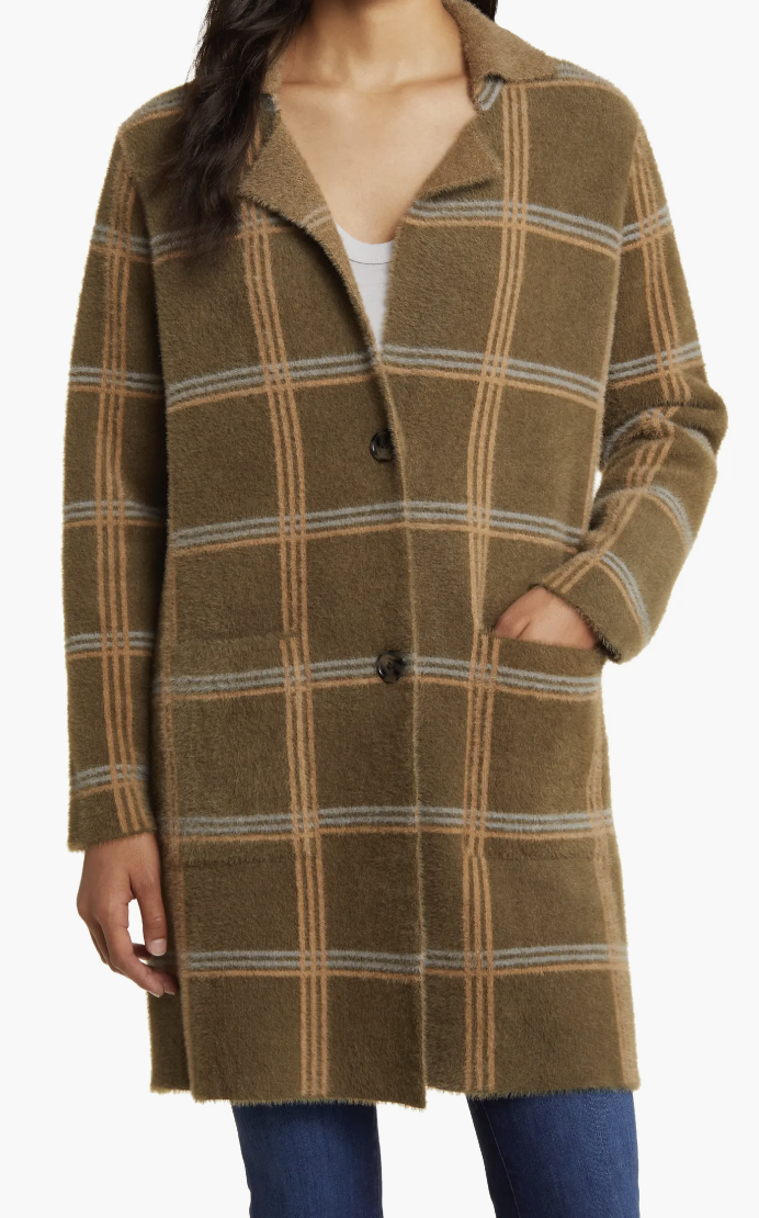 Lyssé Windowpane Plaid Faux Fur Car Coat