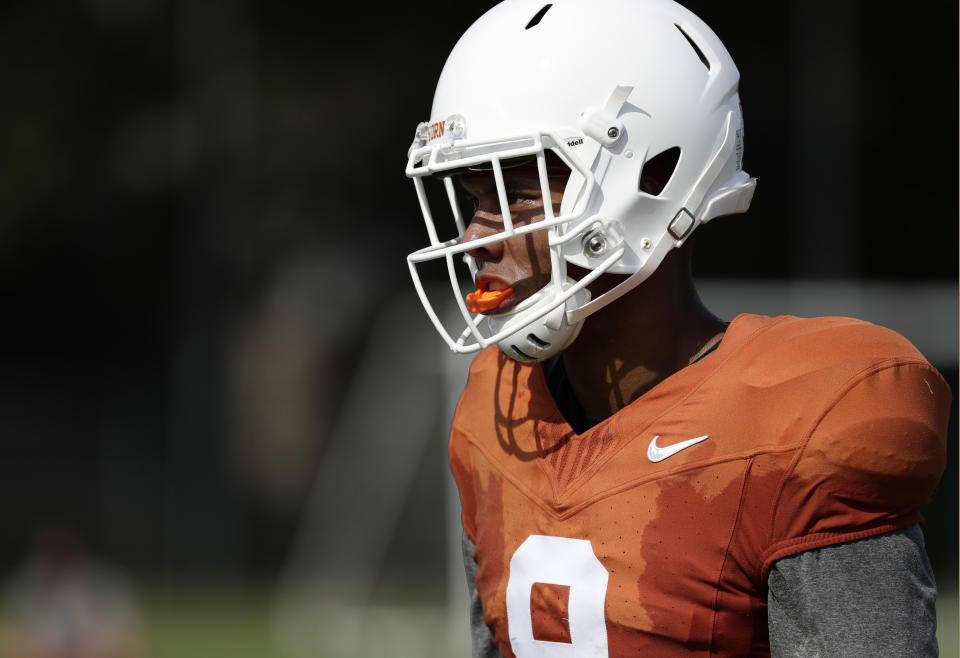 Texas wide receive Collin Johnson takes part in a morning practice at the NCAA college football team's facility in Austin, Texas, Wednesday, Aug. 7, 2019. (AP Photo/Eric Gay)