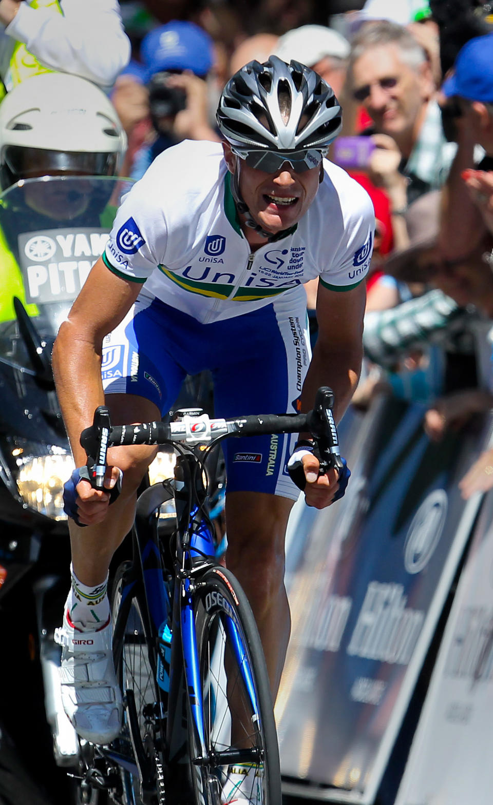 William Clarke from Australia rides on his way to win the second stage of the 2012 Tour Down Under in Stirling on January 18, 2012. The cycling's World Tour is held over six stages from January 15 to 22. IMAGE STRICTLY RESTRICTED TO EDITORIAL USE-STRICTLY NO COMMERCIAL USE AFP PHOTO / Mark Gunter (Photo credit should read Mark Gunter/AFP/Getty Images)