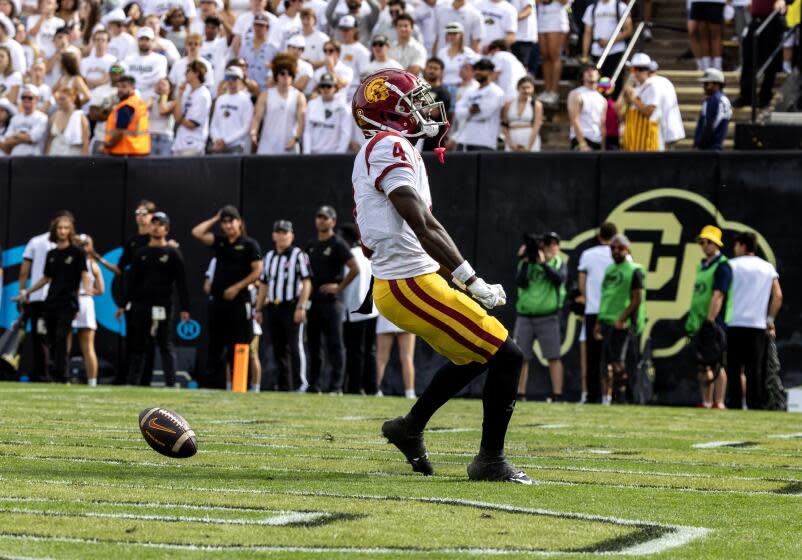 BOULDER, CO - SEPTEMBER 30, 2023: USC Trojans safety Max Williams (4) reacts after scoring.