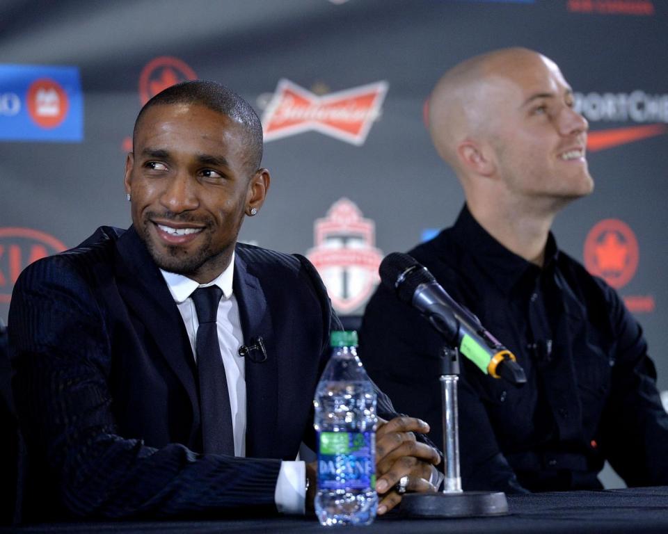 Jermain Defoe is unveiled as a Toronto FC player in 2014 (Getty)