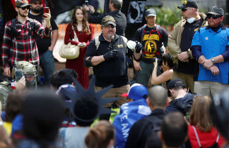 Oath Keepers founder, Stewart Rhodes, speaks during the Patriots Day Free Speech Rally in Berkeley, California, U.S. April 15, 2017. REUTERS/Jim Urquhart