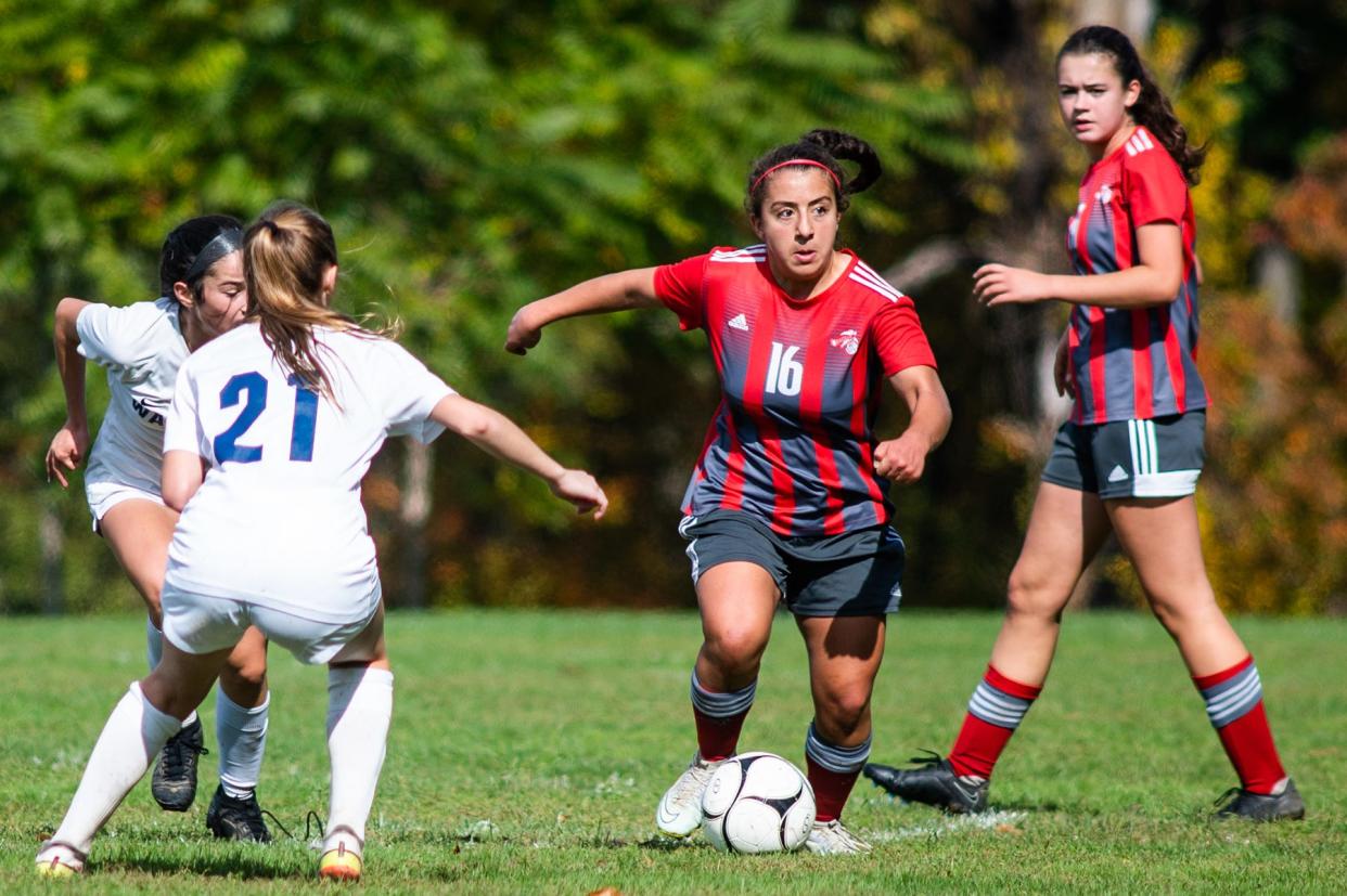 Red Hook's Ani Safaryan drives down field during a Section 9 soccer game on Saturday, October 15, 2022.