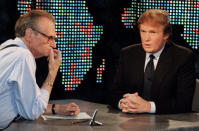 FILE - In this Oct. 7, 1999 file photo, Donald Trump, right, is interviewed by Larry King during a taping of "Larry King Live," in New York. King, who interviewed presidents, movie stars and ordinary Joes during a half-century in broadcasting, has died at age 87. Ora Media, the studio and network he co-founded, tweeted that King died Saturday, Jan. 23, 2021 morning at Cedars-Sinai Medical Center in Los Angeles. (AP Photo/Marty Lederhandler, File)