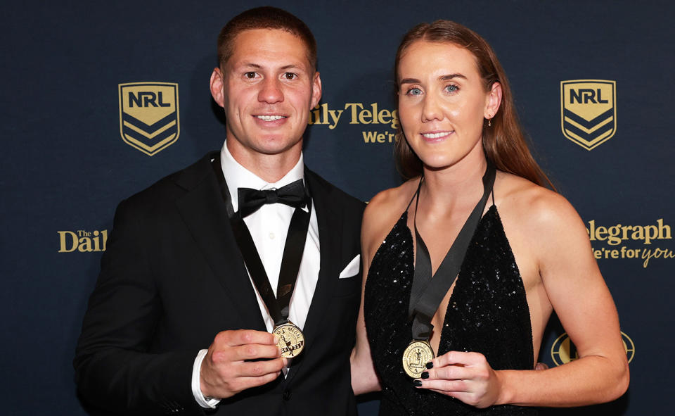 Kalyn Ponga and Tamika Upton, pictured here with the men's and women's Dally M medals.