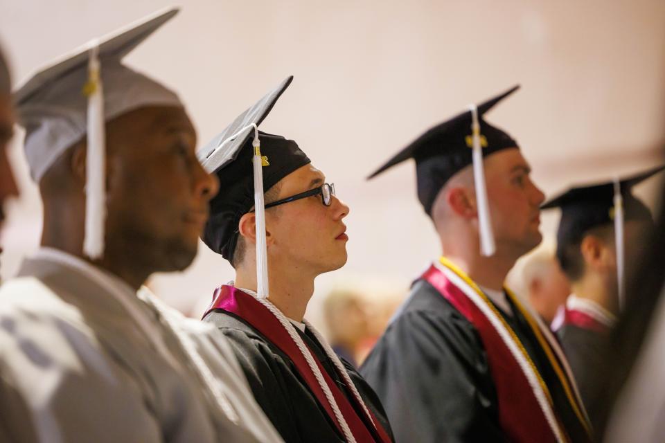 Students from the Moreau College Initiative, an academic collaboration between Holy Cross College and the University of Notre Dame, in partnership with the Indiana Department of Correction, participate in a graduation ceremony in 2022. They are part of the Second Chance Pell Experiment.