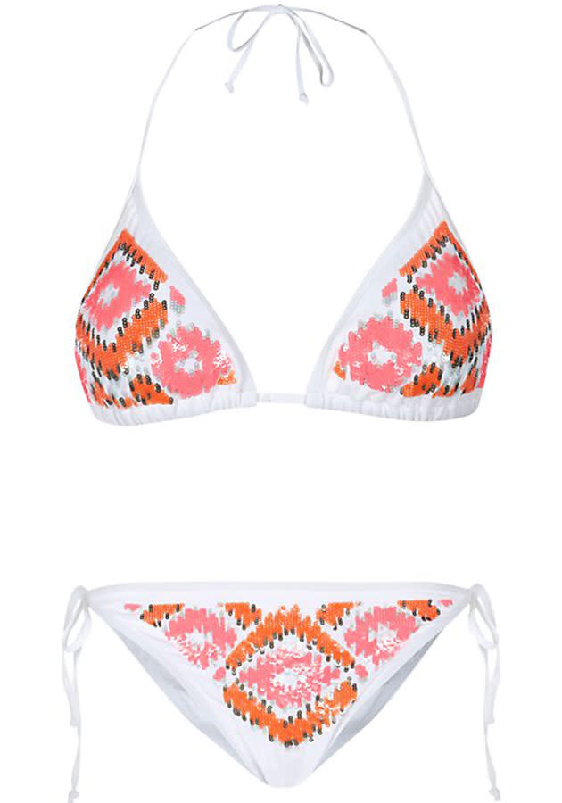 Aztec Print Bikini Top (£14.99) and Bottoms (£9.99) – <a href="http://www.newlook.com/" rel="nofollow noopener" target="_blank" data-ylk="slk:New Look;elm:context_link;itc:0;sec:content-canvas" class="link ">New Look</a><br><br>This sequinned bikini is perfect for poolside glamour this summer.