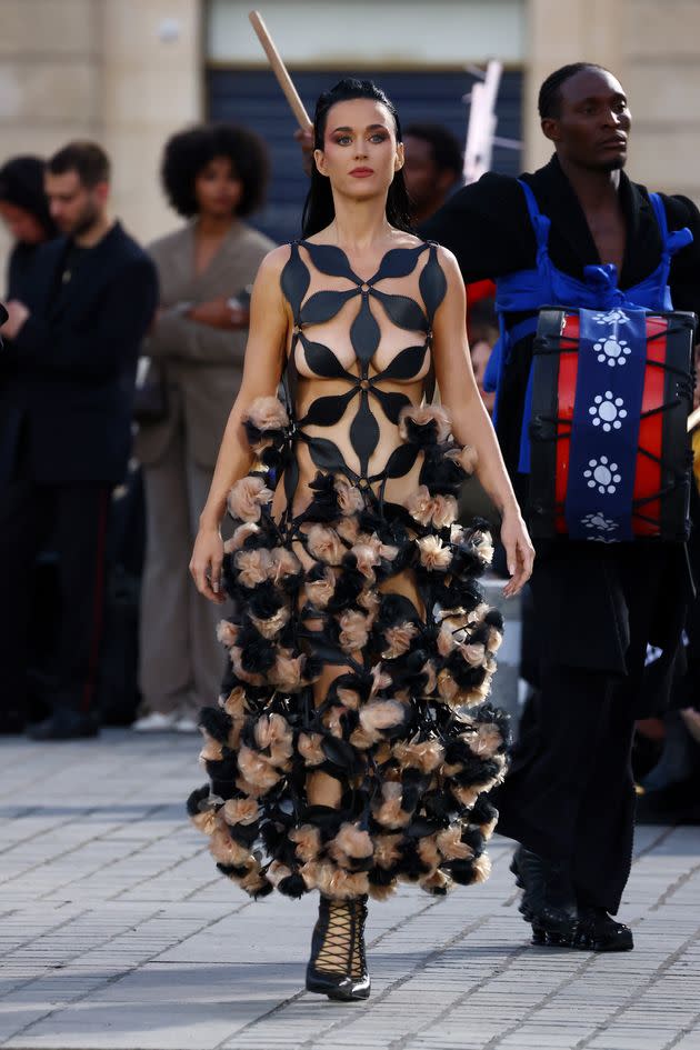 Katy Perry walks the runway during “Vogue World: Paris” at Place Vendôme Sunday in Paris.