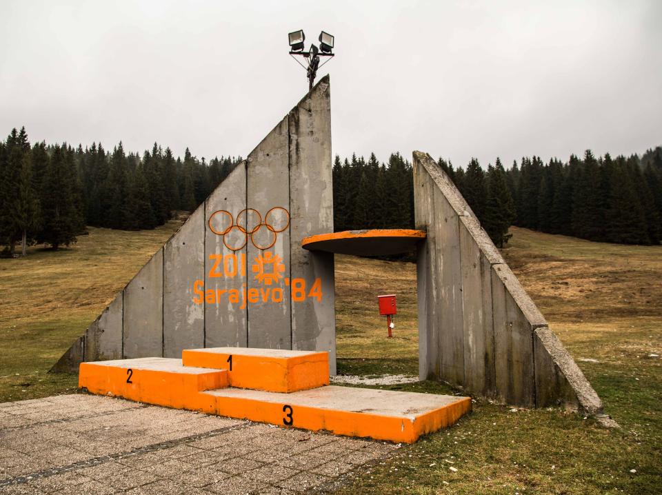 The medal podium at the ski jump venue.