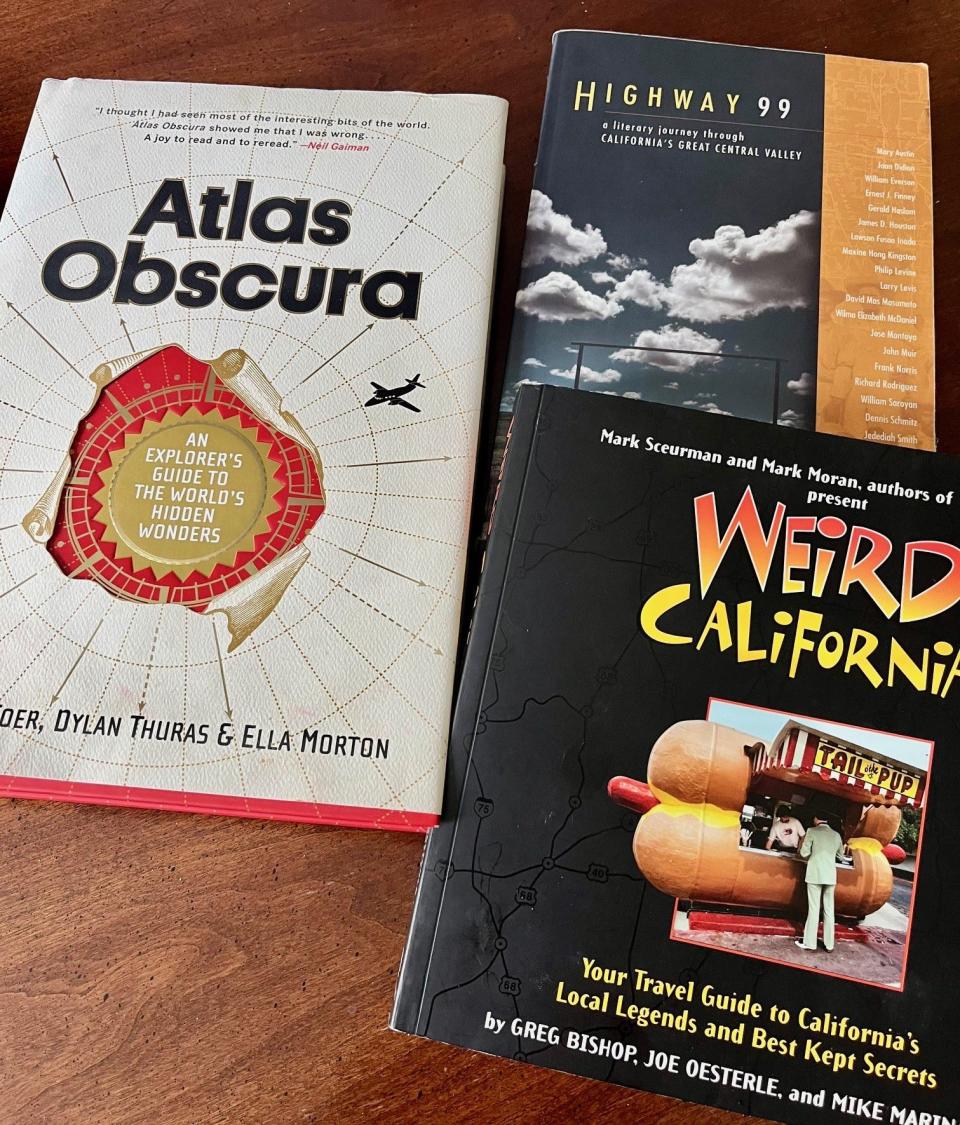 Travel books like Atlas Obscura and Weird California are used as travel guide.