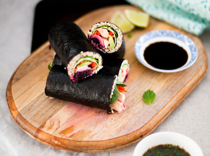 Marinated Salmon and Quinoa Maki Rolls with Thai Kombucha Dipping Sauce