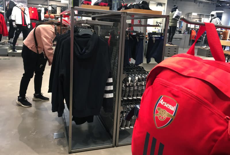 A backpack with a logo of English soccer club Arsenal is seen at an Adidas store in Beijing