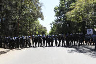 Armed riot police block the road as doctors attempt to march in Harare, Wednesday, Sept, 18, 2019. Zimbabwean doctors protesting the alleged abduction of a union leader were met by a line of baton- wielding police in the capital as fears grow about government repression. (AP Photo/Tsvangirayi Mukwazhi)