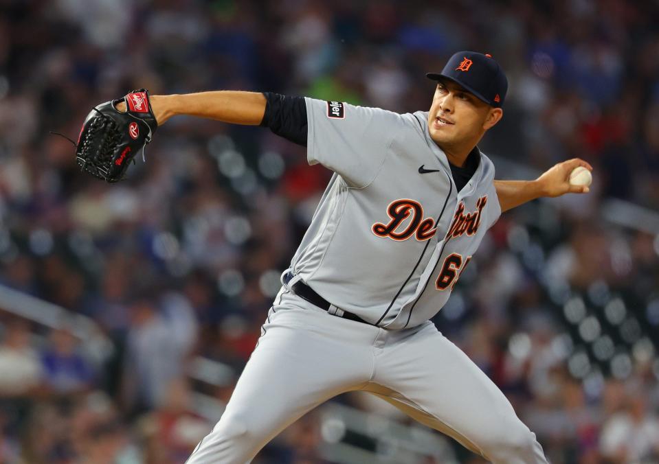 Tigers pitcher Andrew Vasquez throws in the sixth inning of the Tigers' 5-3 loss to the Twins on Tuesday, Aug. 15, 2023, in Minneapolis.