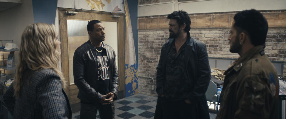 Erin Moriarty (Annie January aka Starlight), Laz Alonso (Mother's Milk), Karl Urban (Billy Butcher), and Tomer Capone (Frenchie) in The Boys. (Prime Video)