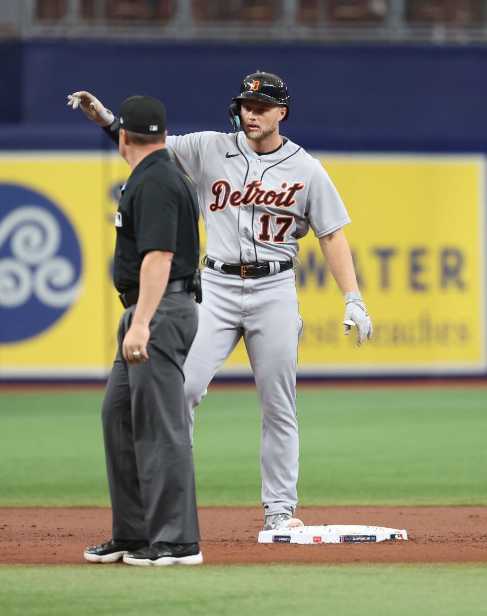 Detroit Tigers right fielder Austin Meadows (17) doubles against the Tampa Bay Rays during the second inning at Tropicana Field in St. Petersburg, Florida, on Thursday, March 30, 2023.