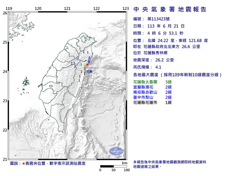 今晨4時6分發生芮氏規模4.1地震。（圖／中央氣象署）