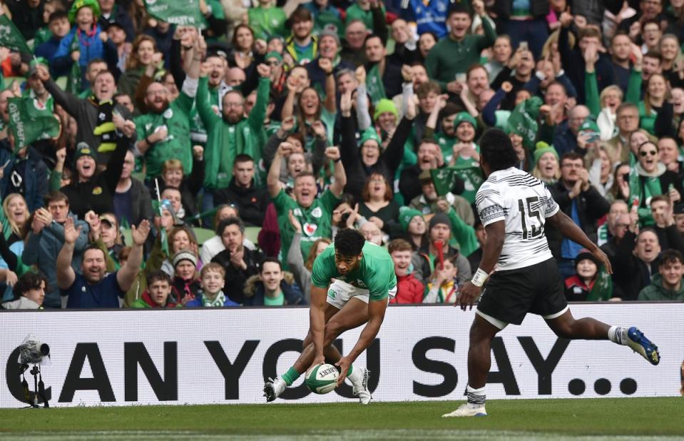 Robert Baloucoune scored one of Ireland’s five tries (Getty Images)