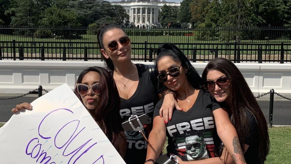 Snooki, JWoww, Deena and Angelina posed for pics in front of the White House wearing 'Free Sitch' T-shirts and holding signs.