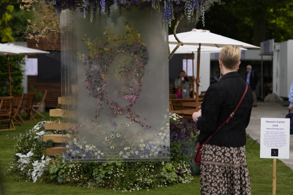 A design to celebrate the upcoming Platinum Jubilee of the 70 years reign of Britain’s Queen Elizabeth II by Veevers Carter is displayed during the press day at the RHS Chelsea Flower Show. - Credit: AP