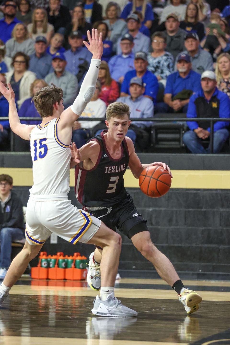 Texline’s Hayden Alston (3) attempts to drive to the basket in a 1A Regional quarterfinal game against Nazareth, Monday night, February 27, 2023, at Vega High School in Vega, Texas. Nazareth won 42-37.