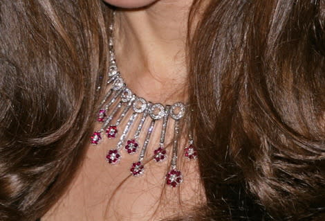 Middleton wore diamond and ruby jewels that she received as a wedding gift from a family friend