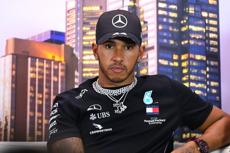 MELBOURNE, AUSTRALIA - MARCH 12: Lewis Hamilton of Great Britain and Mercedes GP looks on during a press conference during previews ahead of the F1 Grand Prix of Australia at Melbourne Grand Prix Circuit on March 12, 2020 in Melbourne, Australia. (Photo by Clive Mason/Getty Images)