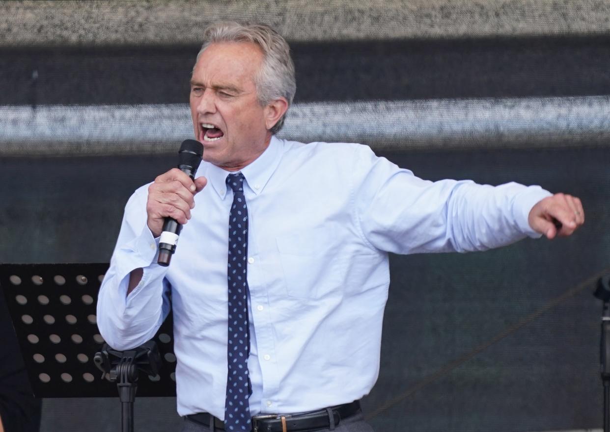 <p>File Image: Robert F Kennedy Jr speaks to people gathered under the Victory Column in the city center to protest against the coronavirus-related restrictions and government police on 29 August 2020 in Berlin, Germany</p> (Getty Images)