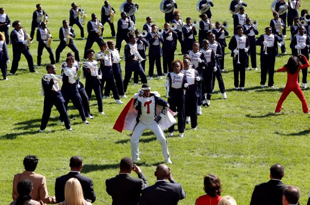 The Tennessee State University Marching Band performs on the South Lawn of the White House before a reception for the opening of the Smithsonian's National Museum of African American History and Culture. Gary Cameron / Reuters