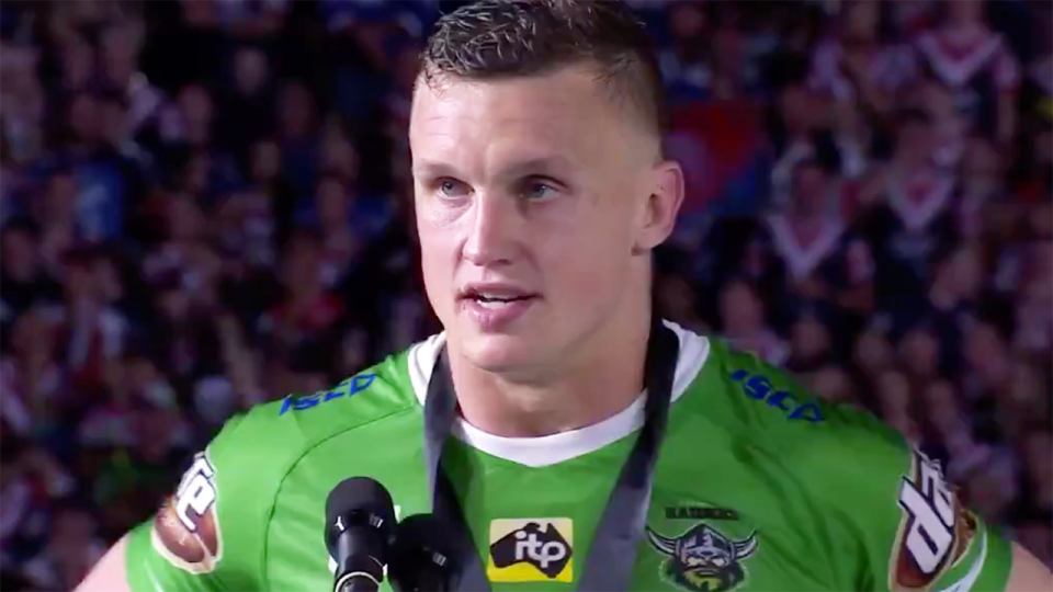 Jack Wighton, pictured here being booed after receiving the Clive Churchill Medal.