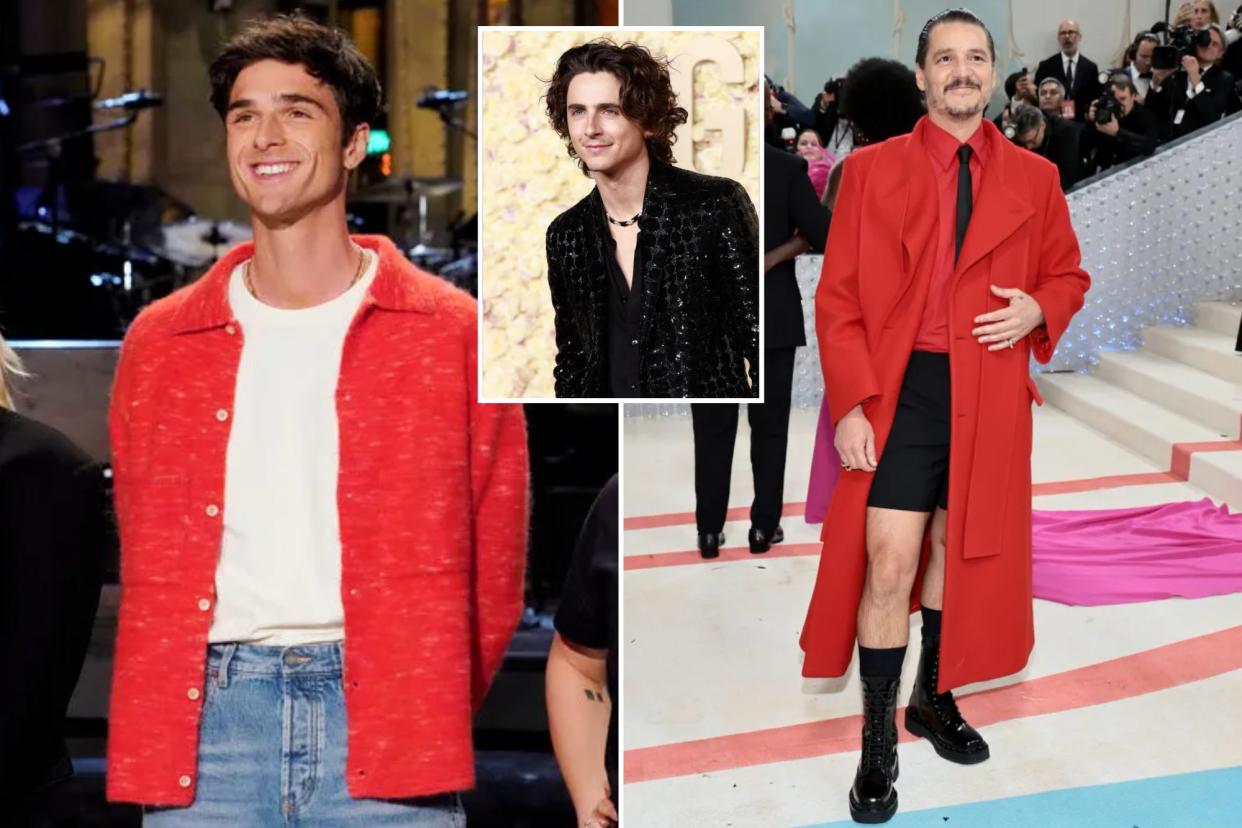 "Saltburn" star Jacob Elordi (left), sparkle-loving Timothée Chalamet (inset) and fashion plate Pedro Pascal (right) are among the Hollywood actors associated with the "babygirl" designation.