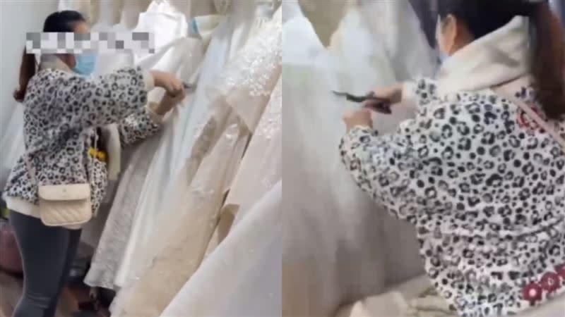 要求退還訂金遭拒，女子拿剪刀怒剪32套婚紗。（圖／翻攝自微博）