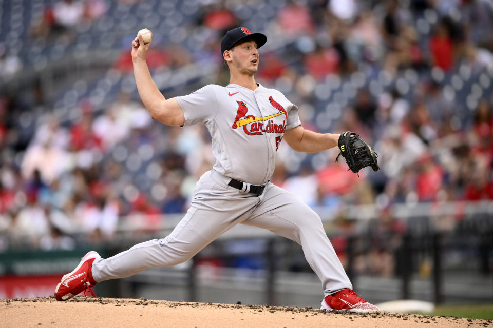 St. Louis Cardinals starting pitcher Andre Pallante throws during the third inning of a baseball game against the Washington Nationals, Sunday, July 31, 2022, in Washington. (AP Photo/Nick Wass)