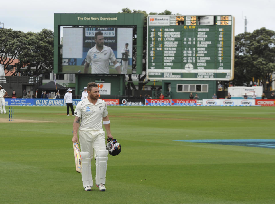 New Zealand’s Brendon McCullum out for 302 on the final day of the second test against India at the Basin Reserve in Wellington, New Zealand, Tuesday, Feb. 18, 2014. (AP Photo/SNPA, Ross Setford) NEW ZEALAND OUT