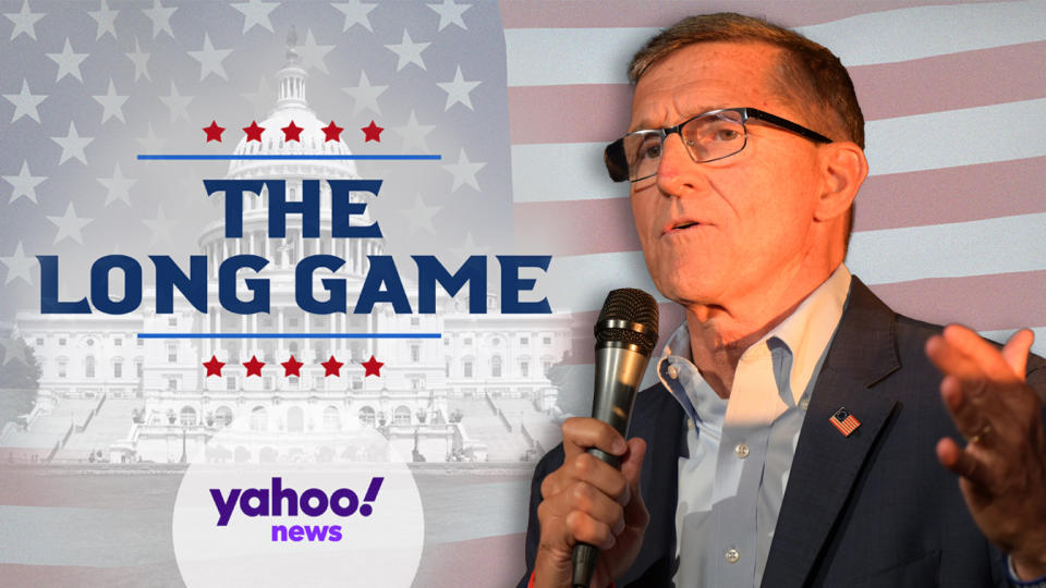 Image of Michael Flynn holding a microphone against American flag with words: The Long Game, Yahoo News.