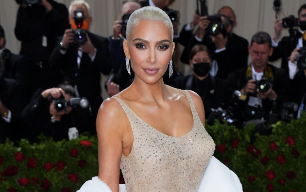 Kim Kardashian rocked a black sequined Balenciaga gown with matching mask and gloves on Wednesday. (Photo by Gotham/Getty Images)