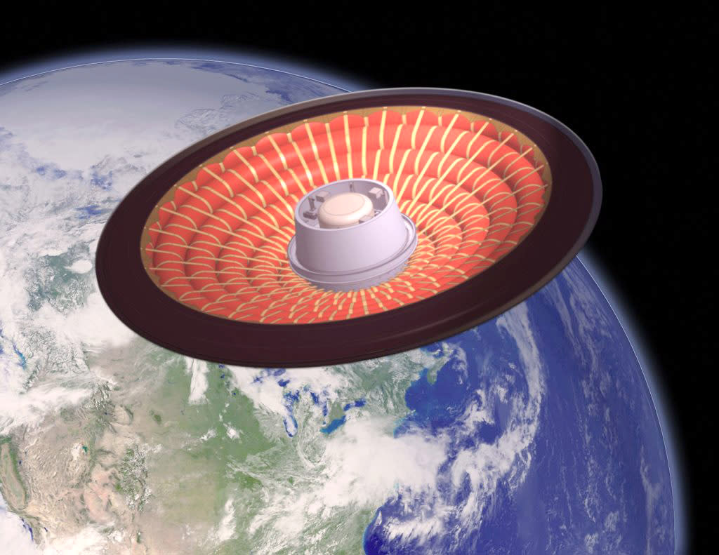 An illustration of the low-Earth orbit flight test of an inflatable decelerator. (NASA)