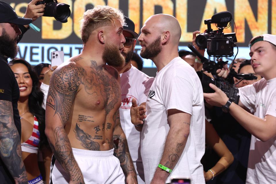 Jake Paul (left) and Ryan Bourland face off during their weigh-in (Getty Images)