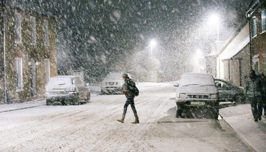 A blizzard in Haddenham, Cambridgeshire last week (Rex)