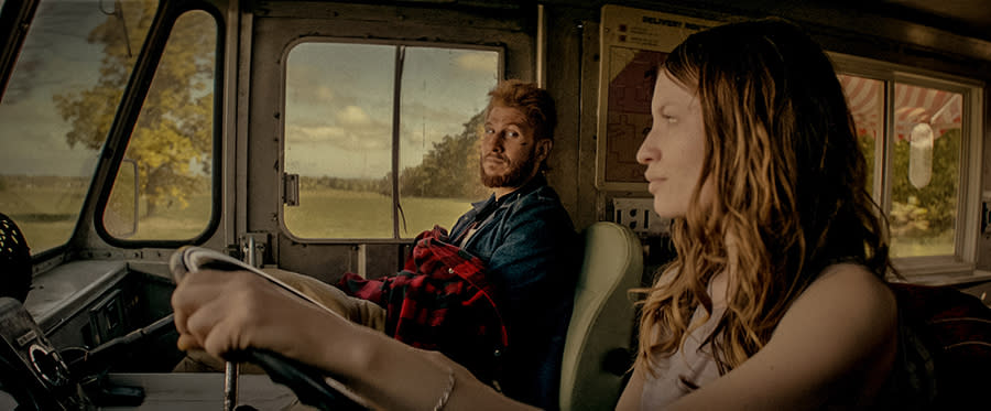 <p>Pablo Schreiber as Mad Sweeney,and Emily Browning as Laura Moon in Starz’s <i>American Gods</i>.<br><br>(Photo: Starz) </p>