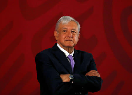 FILE PHOTO: Mexico's President Andres Manuel Lopez Obrador attends a news conference to announce a plan to strengthen finances of state oil firm Pemex, at the National Palace in Mexico City, Mexico February 15, 2019. REUTERS/Henry Romero/File Photo