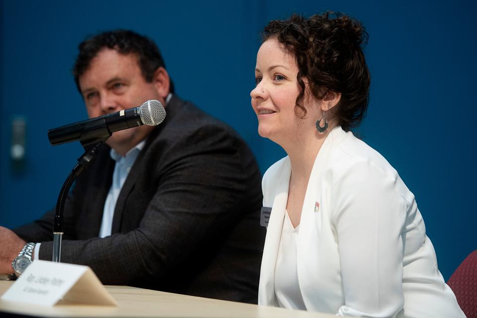 North Carolina Rep. Lindsey Prather speaks during a roundtable on the state of public schools with Gov. Roy Cooper at AB Tech June 30, 2023.