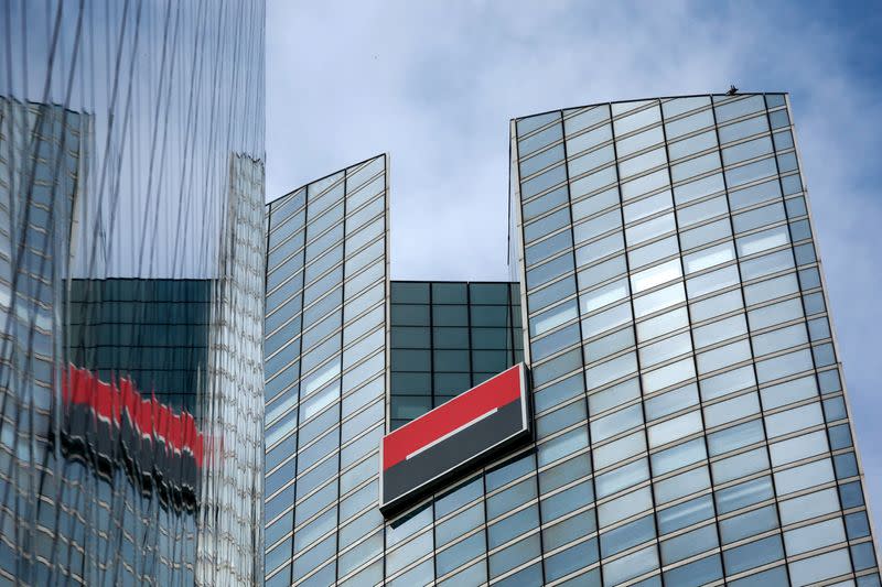 FILE PHOTO: Logo of French bank Societe Generale in La Defense near Paris, France