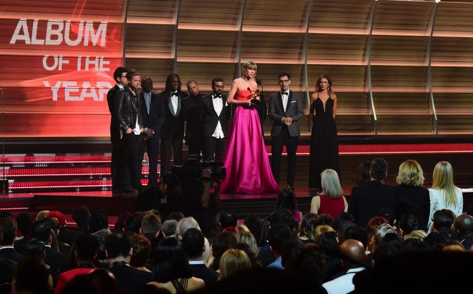 Singer Taylor Swift accepts the award for the Album of the Year onstage during the 58th Annual Grammy music Awards in Los Angeles February 15, 2016.