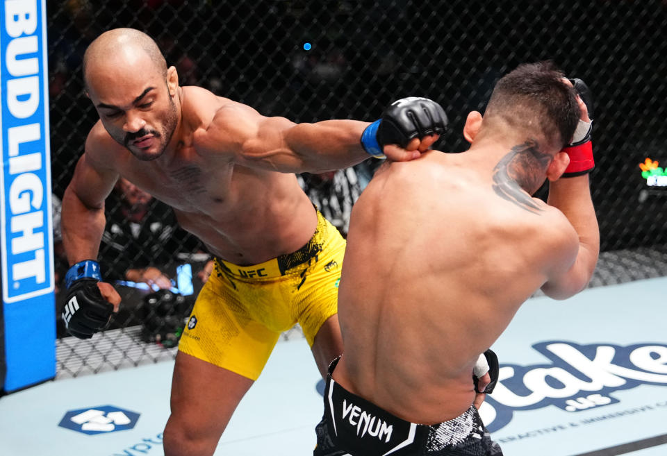 LAS VEGAS, NEVADA – APRIL 06: (L-R) Victor Hugo of Brazil punches Pedro Falcao of Brazil in a bantamweight fight during the UFC Fight Night event at UFC APEX on April 06, 2024 in Las Vegas, Nevada. (Photo by Jeff Bottari/Zuffa LLC via Getty Images)